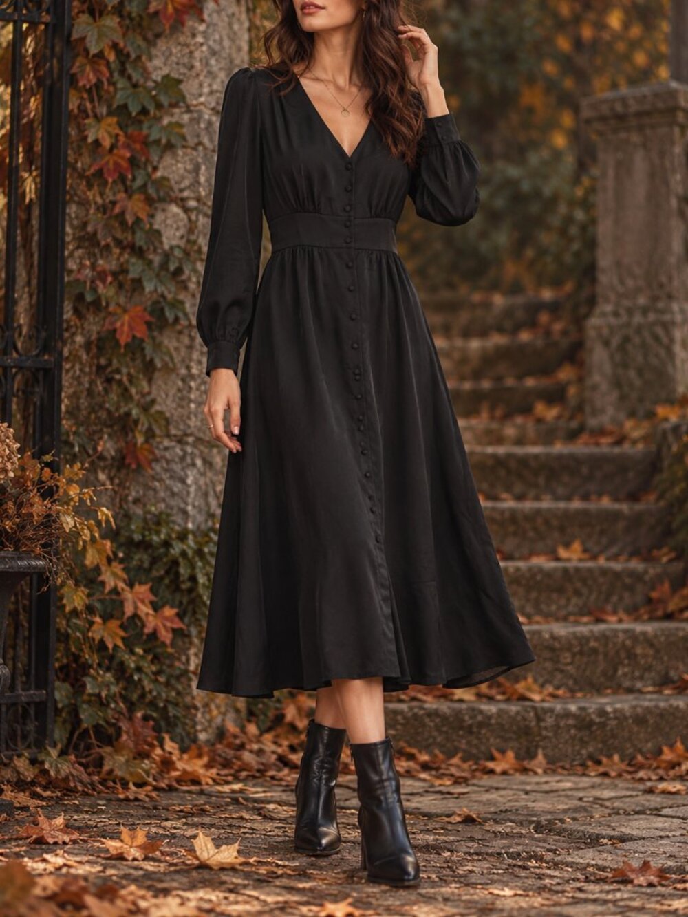 J.Crew Black Button Front A-Line Midi Dress Long Sleeve Size 4 AD072